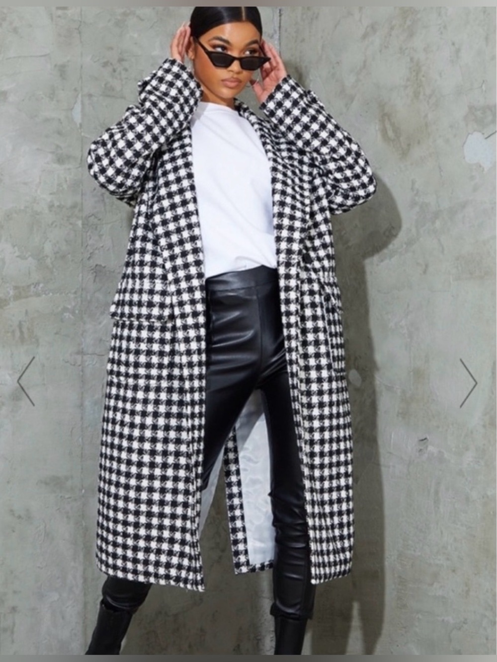 PLT Black White Houndstooth Oversized Longline Double Breasted Statement Coat